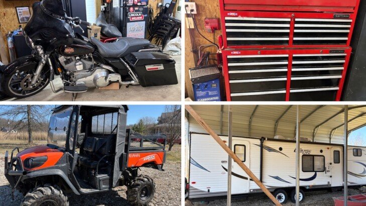 Kiko Auctioneers Presents 2021 Kubota RTV, Camper, 2002 Harley Davidson Electra Glide, Craftsman Toolboxes, 3 Pt. Equipment, Hand Tools