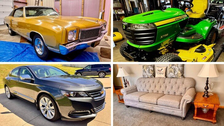 Kiko Auctioneers Presents One-Owner '71 Chevy Monte Carlo, '15 Chevy Impala, John Deere X738 4x4 Mower, John Deere Snow Blower, Auto Shop Tools, Equipment